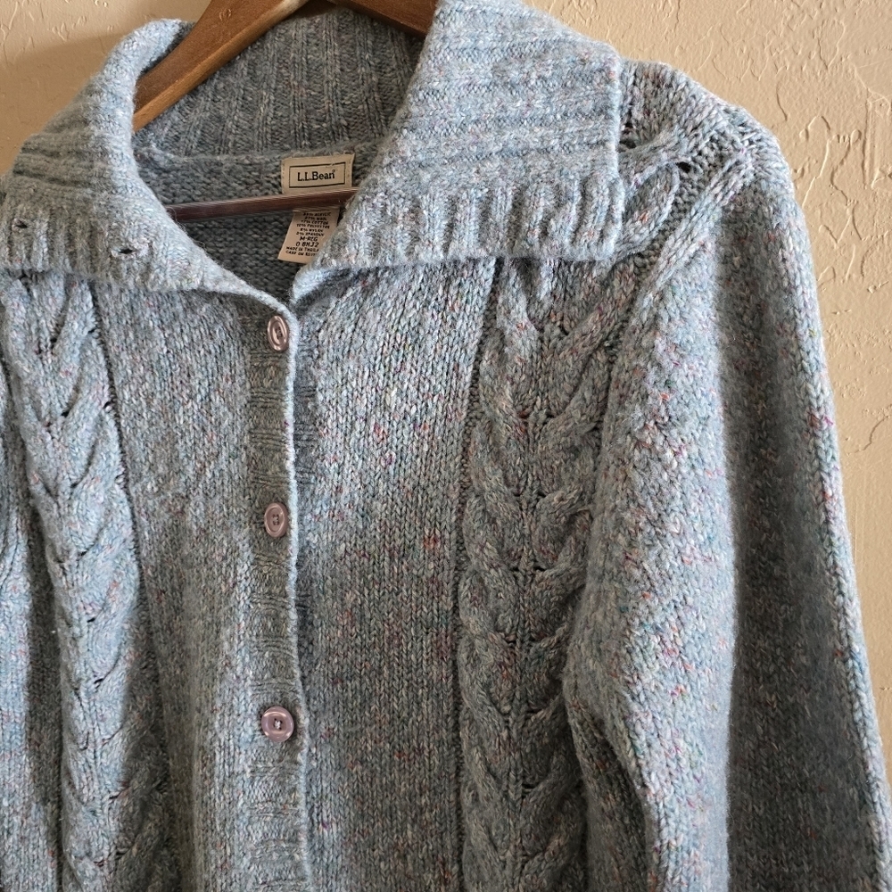 L.L. Bean Blue Confetti Tweed Cable Knit Cardigan Sweater Size M - Picture 9 of 13